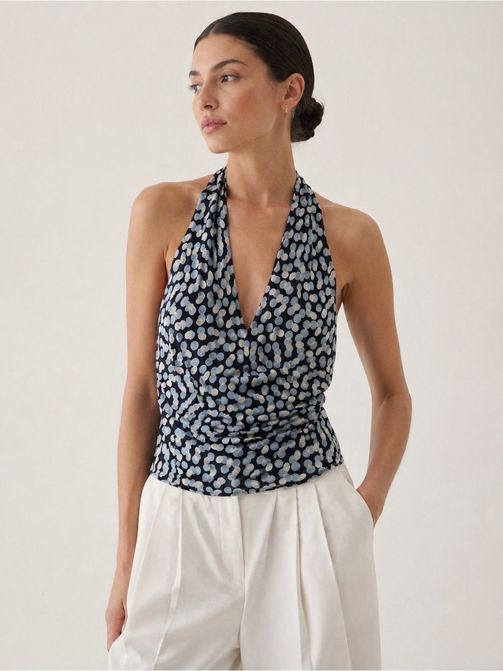 Banana Republic Silk Halter Top Navy Blue Polka Dot Chiffon Blouse Minimal Sz 6